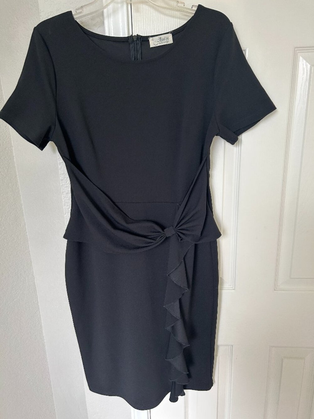 Aisize Short Sleeve Dress - Side Tie and Ruffle Drape - Black - Size Large